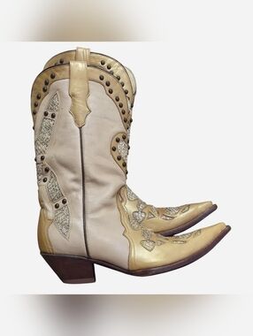 Rudel Golden Sparkly Hearth Patches Studded Leather Ladies Cowboy Boots Sz 8.5 E